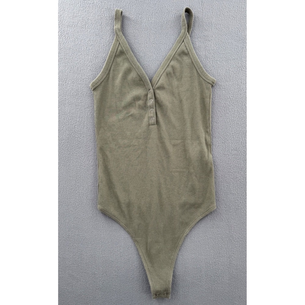 Abercrombie Henley Ribbed Thong Bodysuit S Olive Green Sleeveless V-Neck Boho - Picture 3 of 12